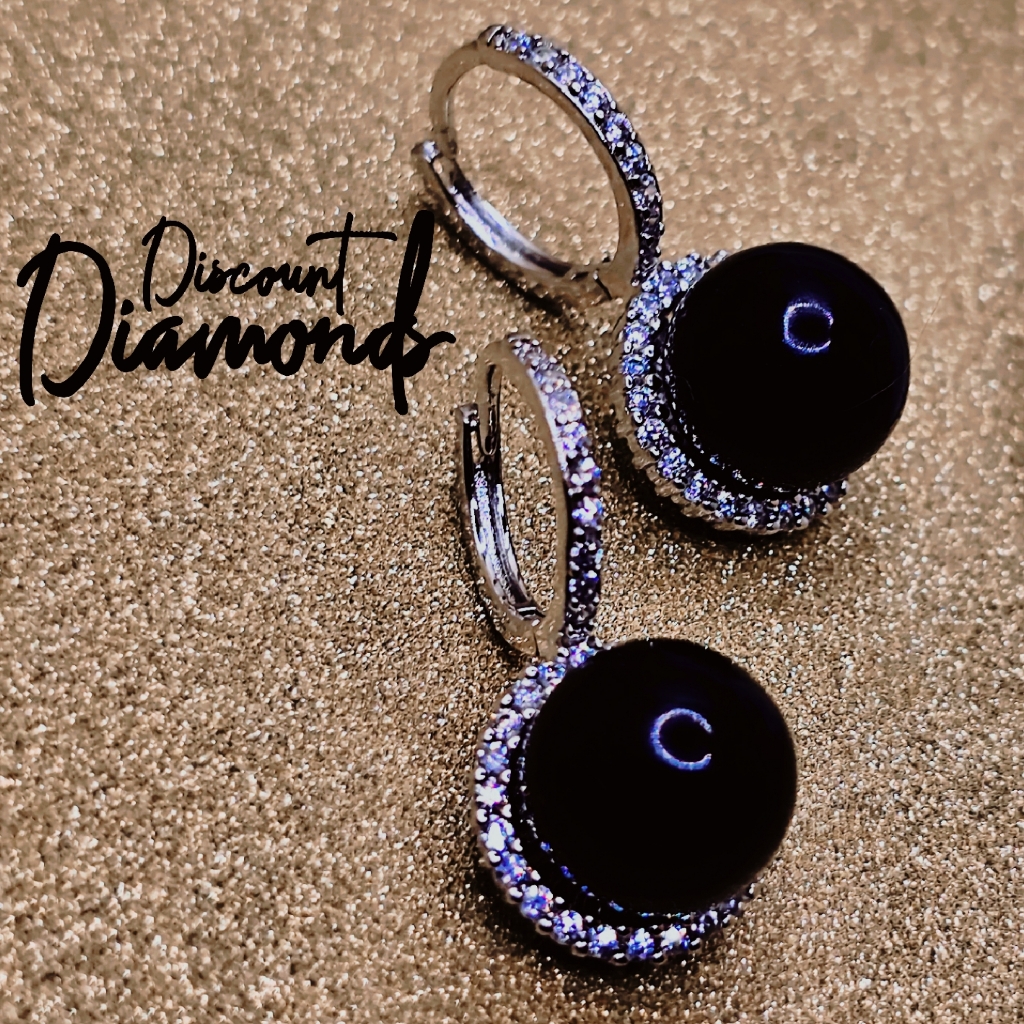 Black Faux Pearl Earrings With White Baguette Diamonds 925 Silver